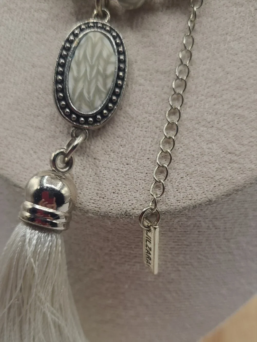 Sage Beaded Tassel Pendant Necklace with Silver Accents